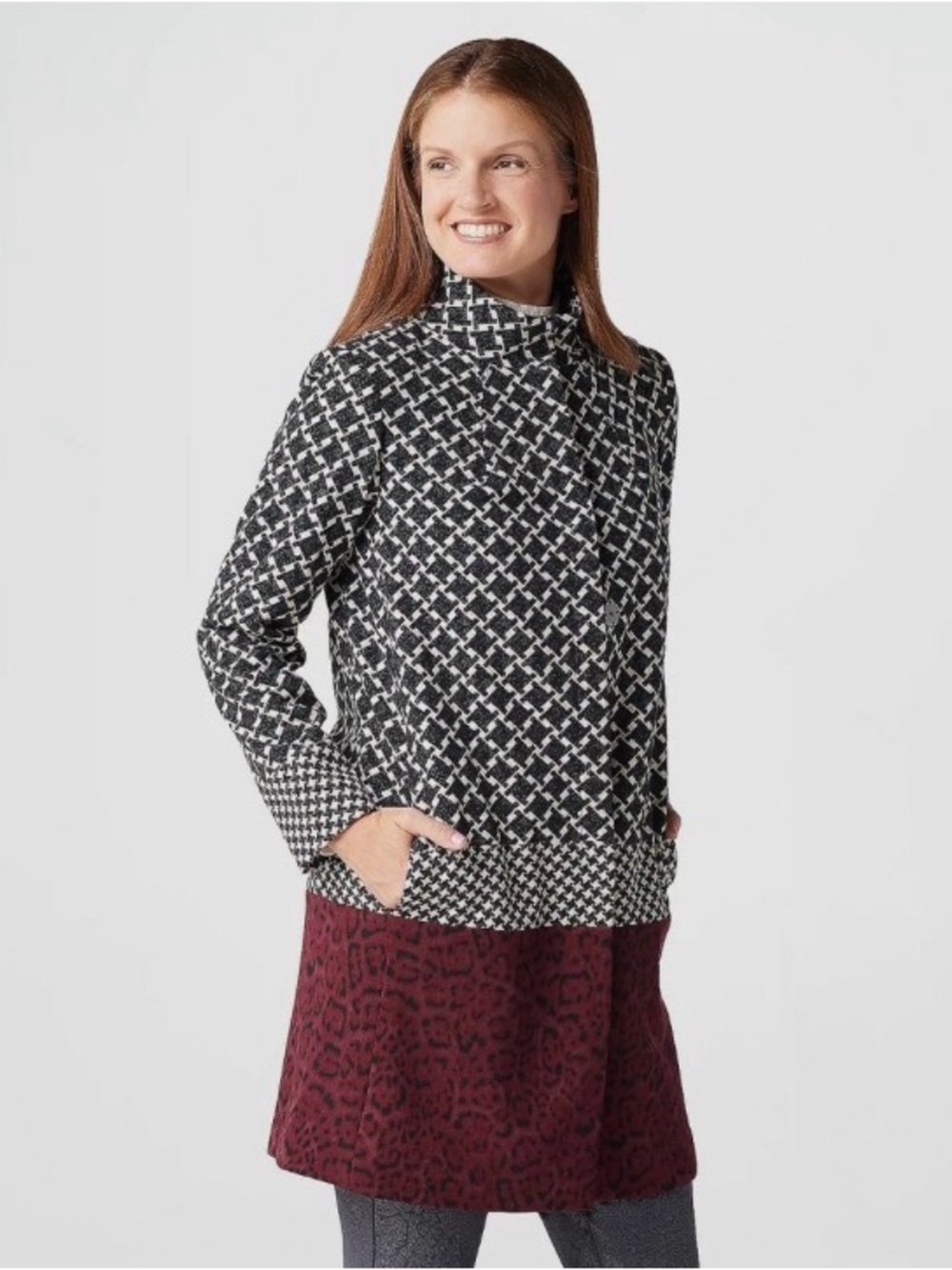 NWOT Dennis Basso Mix Print Leopard Houndstooth Luxe Crepe Snap Front Jacket 20W